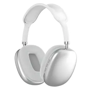Auriculares diadema P9 Pro Max inalámbricos color plateado con cancelación de ruido, diseño ergonómico y almohadillas acolchadas blancas.