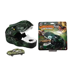 Set de dos dinosaurios mecánicos verdes con dientes blancos y ojos amarillos, uno en su empaque original con de caza y otro fuera, junto a un auto pequeño de color camuflaje verde.