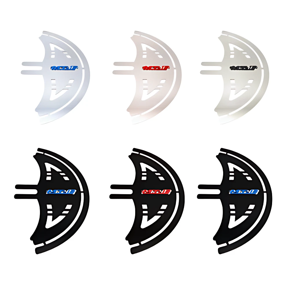 Seis discos de freno trasero MT 15 en acero inoxidable, disponibles en acabados blanco, gris y negro, con logotipo visible en cada unidad.
