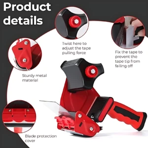 Dispensador de cinta manual rojo con mango ergonómico, detalles en metal y cubierta de protección para cuchilla. Ajustable de fuerza de tracción y evita que la cinta se despegue.