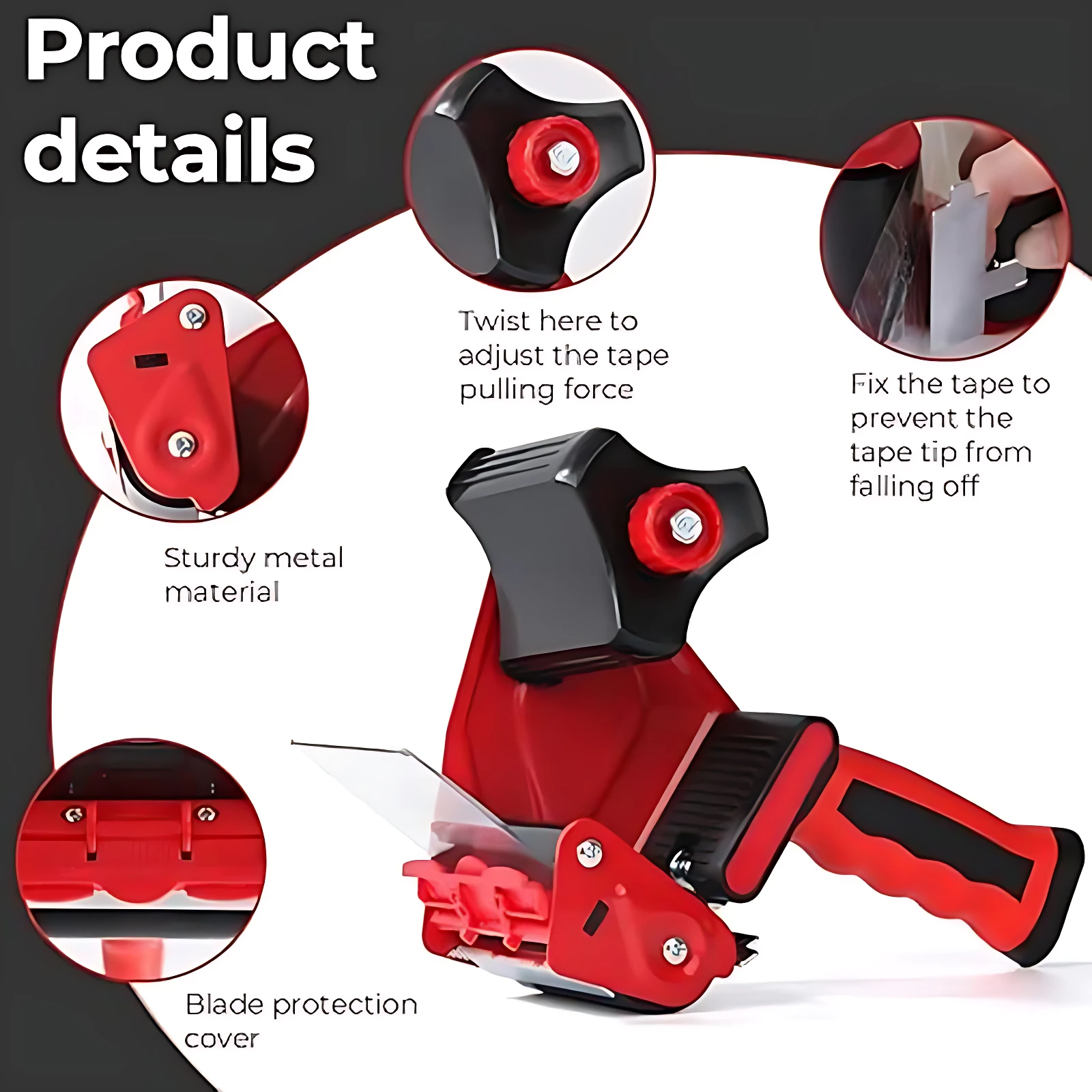 Dispensador de cinta manual rojo con mango ergonómico, detalles en metal y cubierta de protección para cuchilla. Ajustable de fuerza de tracción y evita que la cinta se despegue.