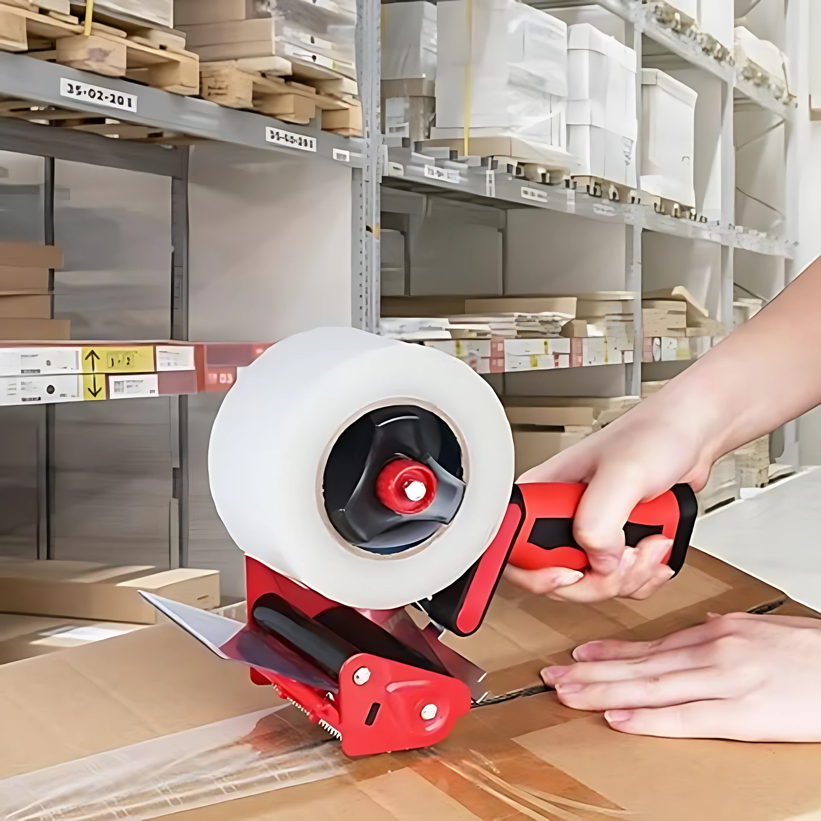 Dispensador de cinta manual rojo con mango ergonómico, en uso sobre caja de cartón en almacén.