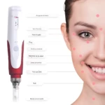 Dr Pen N2 microagujas recargable inalámbrico en blanco y rojo, con diagrama de zonas faciales tratadas como arrugas, líneas de expresión y manchas.
