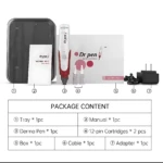 Contenido del paquete Dr Pen N2: bandeja negra, manual blanco, dispositivo rojo y blanco, dos cartuchos de 12 agujas, caja blanca, cable y adaptador de corriente.