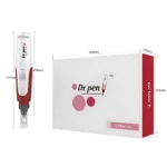 Dr. Pen N2, dispositivo de microneedling inalámbrico recargable en blanco y rojo, con medidas de 171 mm de altura y caja de 169 x 56 x 125 mm.