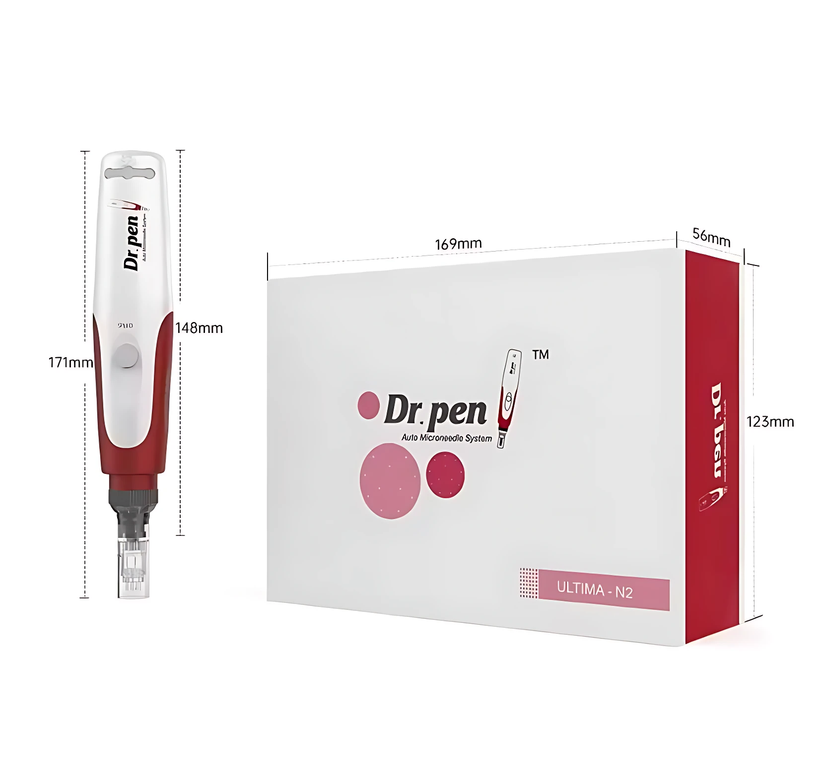 Dr. Pen N2, dispositivo de microneedling inalámbrico recargable en blanco y rojo, con medidas de 171 mm de altura y caja de 169 x 56 x 125 mm.