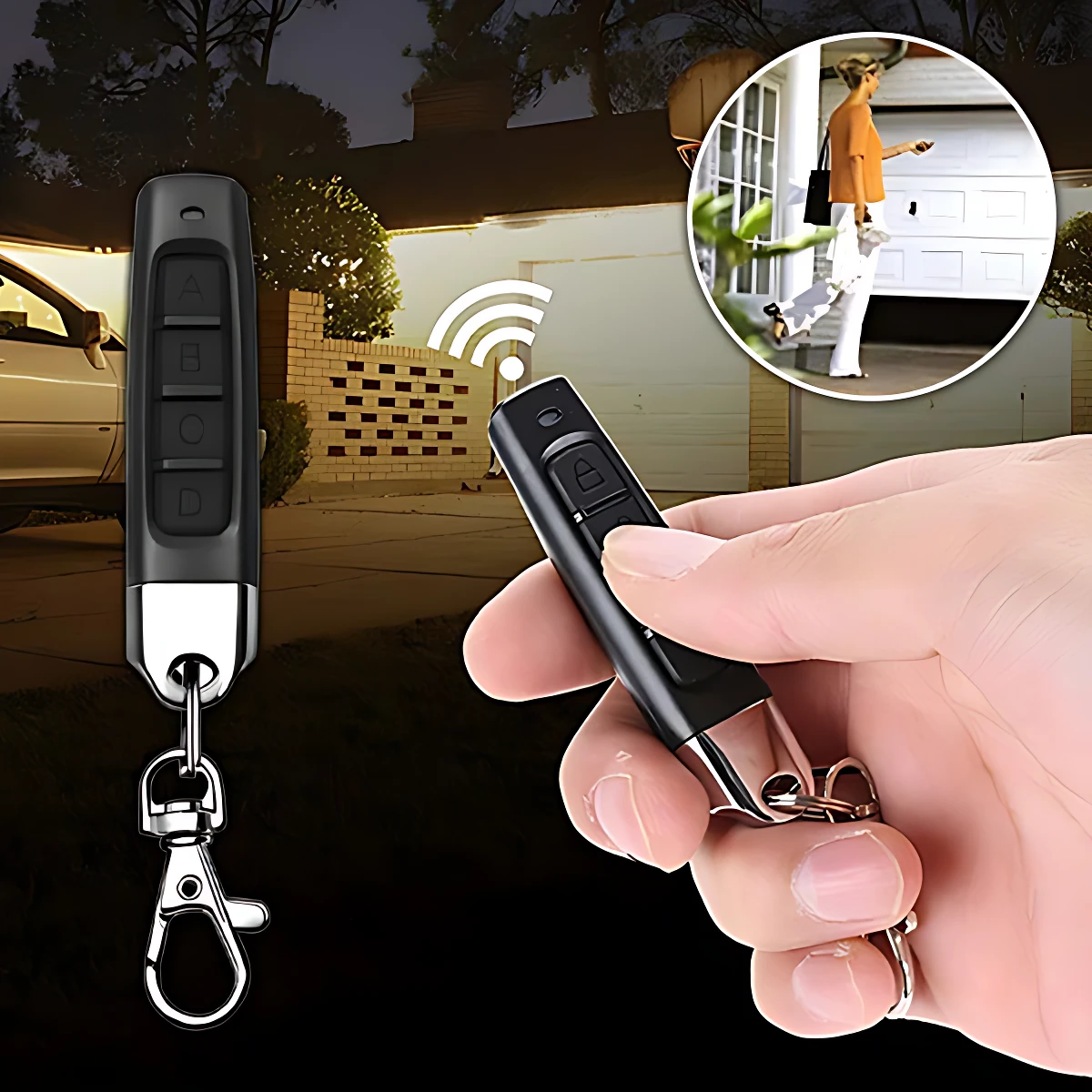 Control remoto duplicador 4 en 1 negro con llavero metálico, mostrando vista frontal y uso en mano frente a garaje.