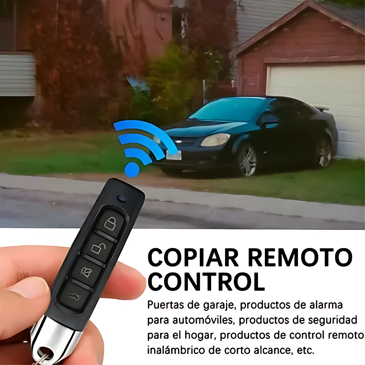 Mando duplicador negro con cuatro botones, emitiendo señal inalámbrica hacia un automóvil estacionado frente a una casa.