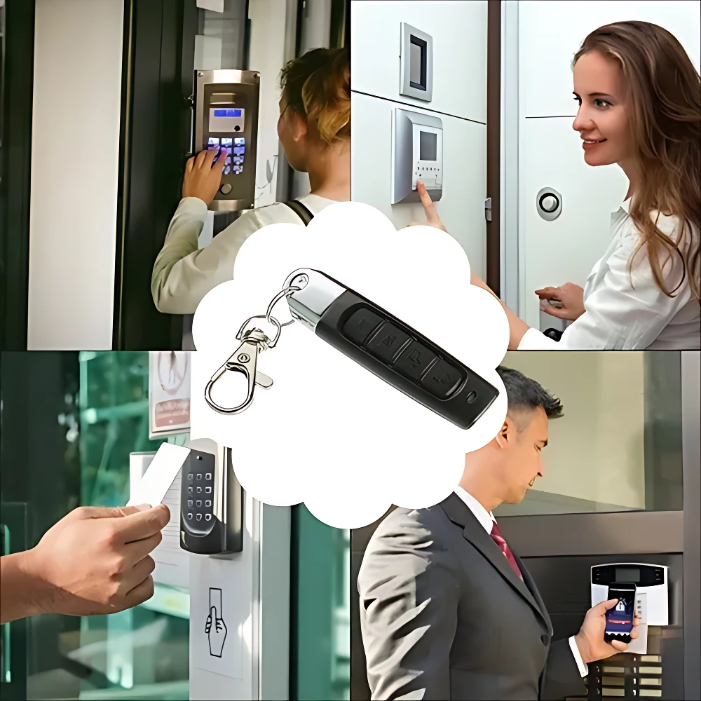 Mando duplicador 4 en 1 negro con llavero, integrado en collage de accesos con lectores biométricos, tarjetas y teléfonos móviles.