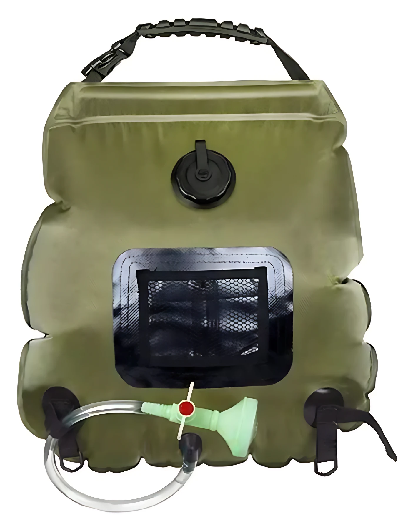 Ducha portátil de color verde oliva con asa superior, válvula negra en la parte frontal, bolsa de almacenamiento transparente y manguera con boquilla verde claro.