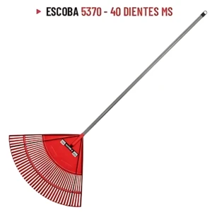 Escoba de prado plástica roja con mango metálico, 40 dientes, para limpiar hojas y arena en exteriores.