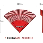 Escoba plástica roja con 40 dientes, dimensiones 831 mm de ancho y 505 mm de alto, ideal para limpiar patios exteriores.