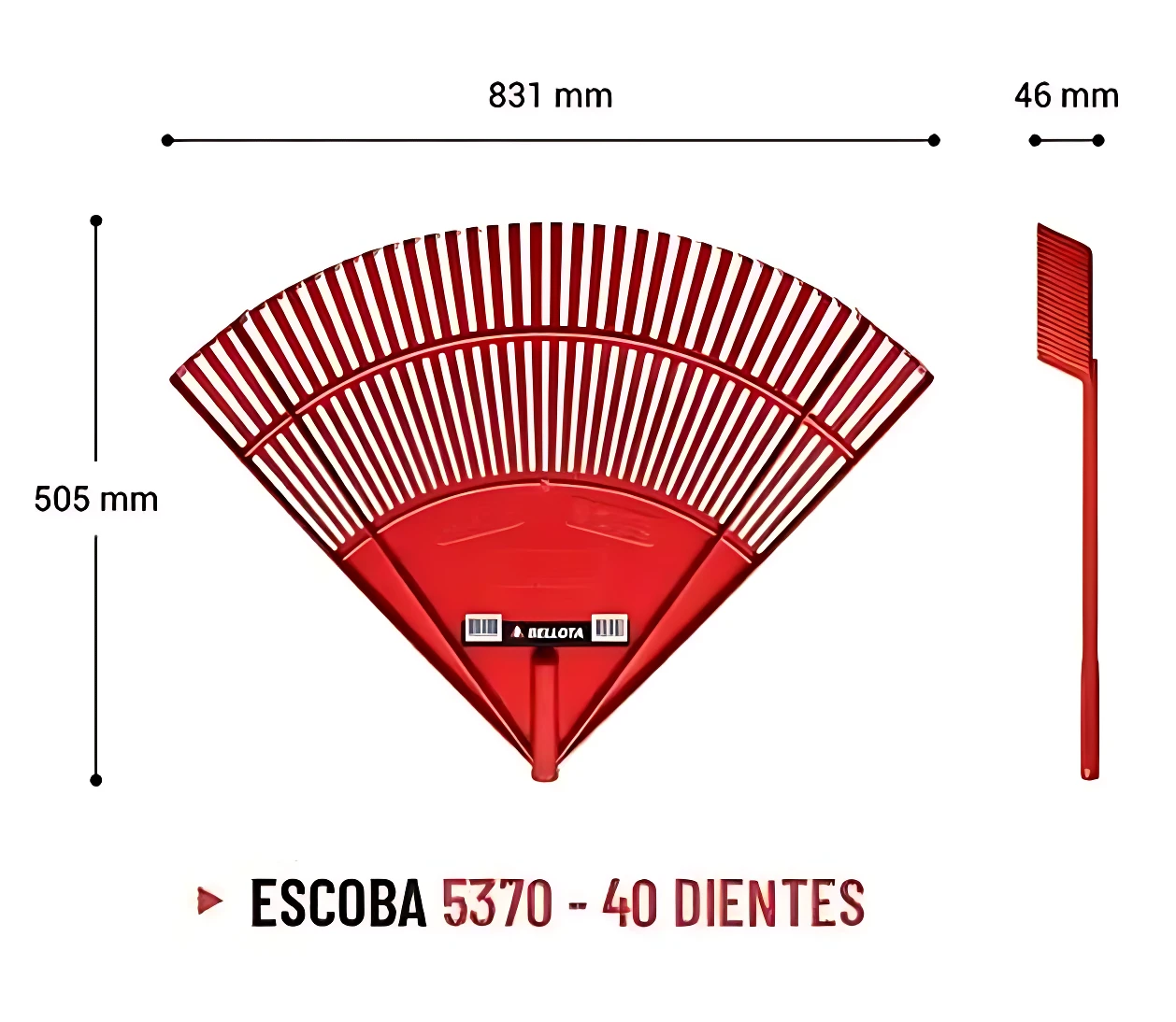 Escoba plástica roja con 40 dientes, dimensiones 831 mm de ancho y 505 mm de alto, ideal para limpiar patios exteriores.