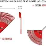 Escoba barre prado plástica roja de 40 dientes, modelo 5370 MS, con mango metálico y medidas de 831 mm de ancho y 505 mm de altura.
