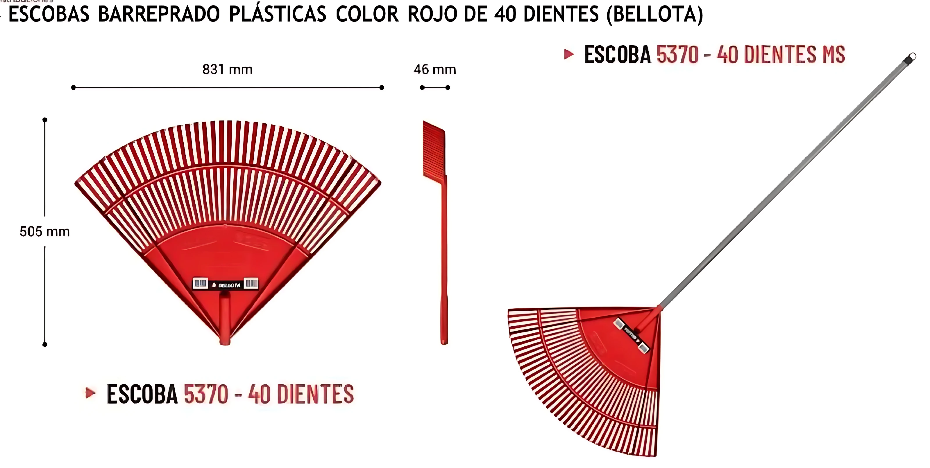 Escoba barre prado plástica roja de 40 dientes, modelo 5370 MS, con mango metálico y medidas de 831 mm de ancho y 505 mm de altura.