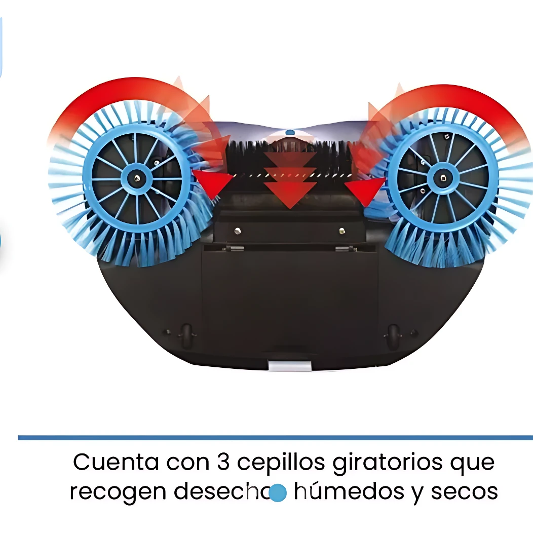 Vista inferior de la escoba giratoria Hurricane sin cables, mostrando sus tres cepillos rotativos azules y rojos en acción, diseñados para recoger polvo y migas húmedas y secas.