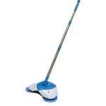 Escoba giratoria Hurricane sin cables, mango telescópico azul y plateado, base blanca con cerdas azules para limpieza de polvo y migas.