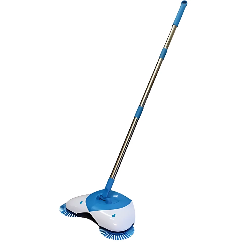 Escoba giratoria Hurricane sin cables, mango telescópico azul y plateado, base blanca con cerdas azules para limpieza de polvo y migas.