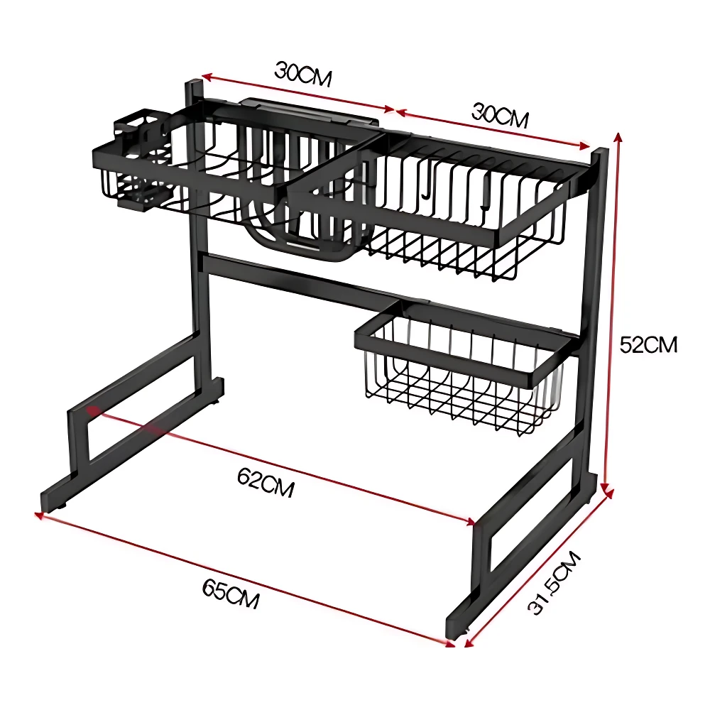 Escurridor de platos de acero inoxidable en color negro, con dos niveles y medidas de 65 cm de largo por 31,5 cm de ancho, ideal para organizar vajilla y utensilios en la cocina.