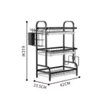 Estante escurridor cocina de tres niveles en color negro, con medidas de 61 cm de alto, 42 cm de ancho y 23.5 cm de profundidad, diseñado para organizar y secar vajilla.