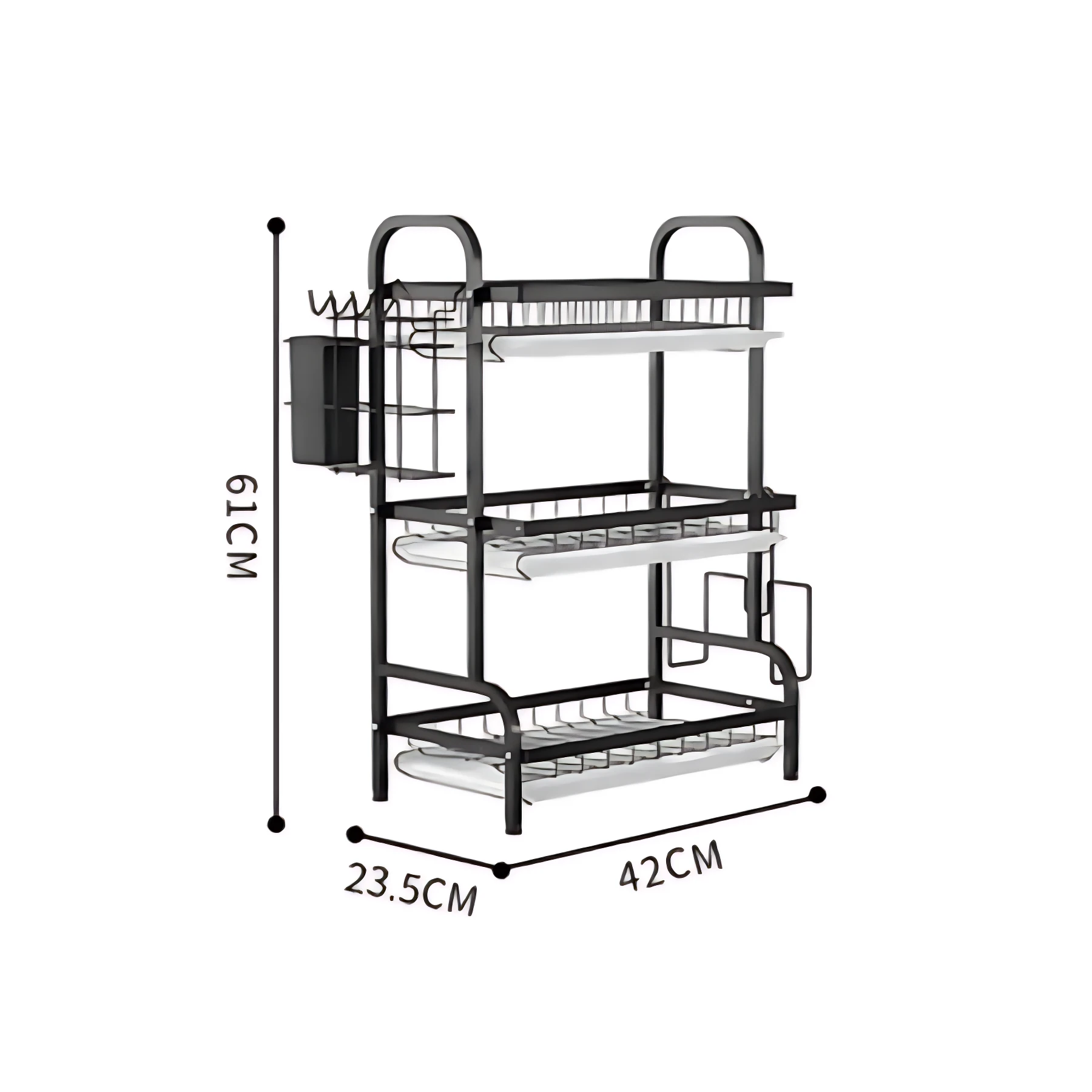 Estante escurridor cocina de tres niveles en color negro, con medidas de 61 cm de alto, 42 cm de ancho y 23.5 cm de profundidad, diseñado para organizar y secar vajilla.