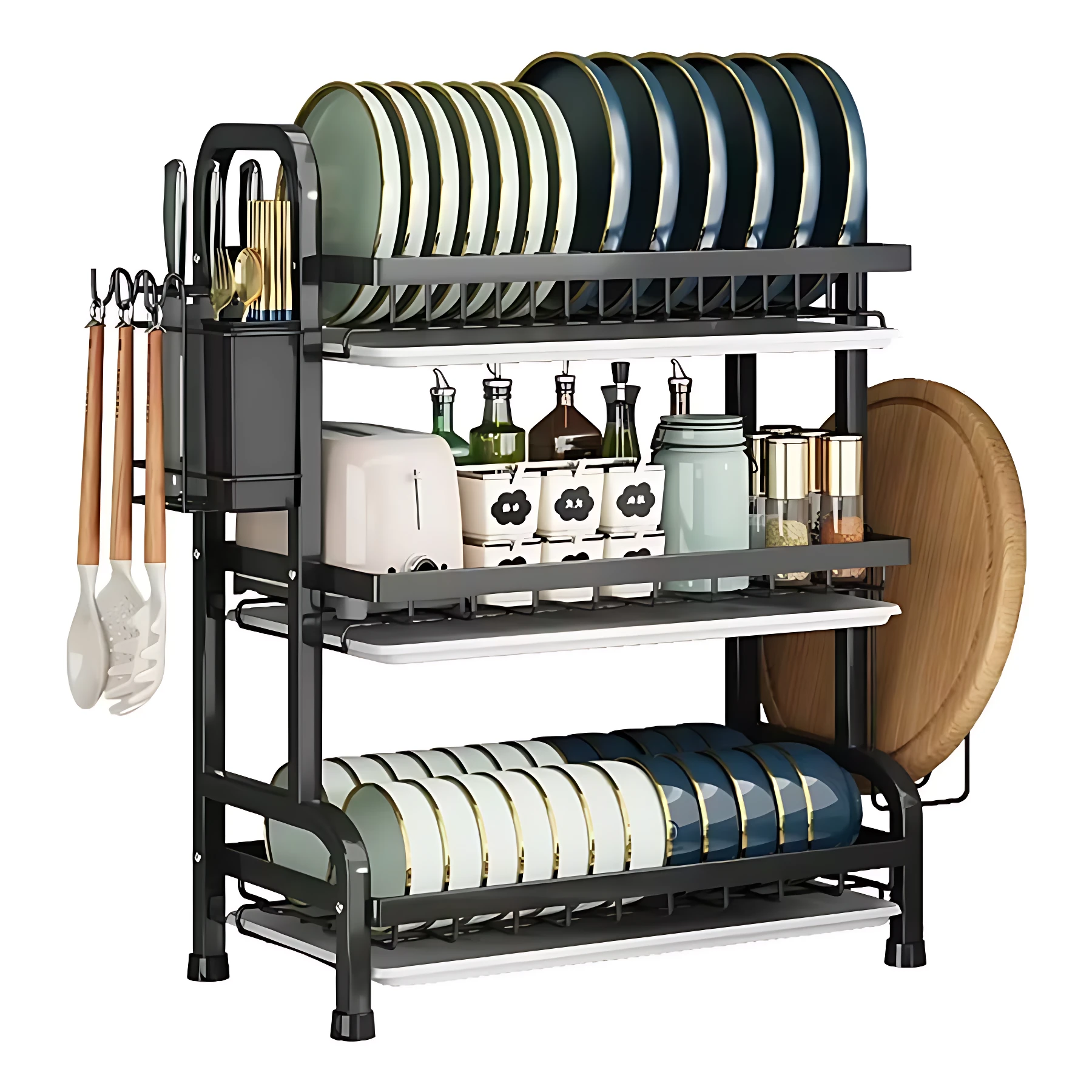 Estante escurridor de cocina de tres niveles en color negro, con platos y cubiertos organizados, incluyendo un tablero de madera colgado lateralmente.