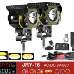 Faros LED JRY-16 de 30W, color negro con detalles amarillos, montados en soportes metálicos. Incluye interruptores, cableado y conectores. Panel inferior muestra especificaciones técnicas y símbolos de uso.