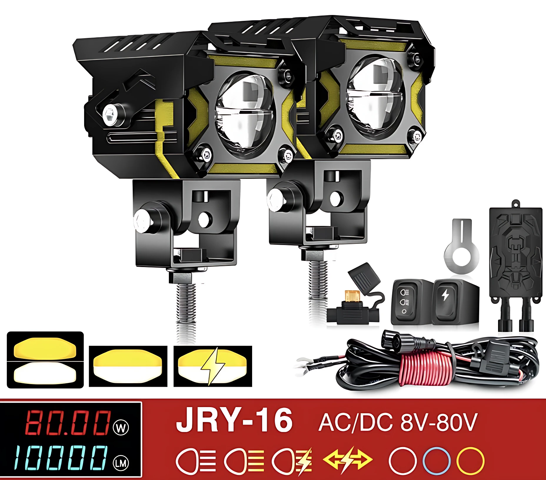 Faros LED JRY-16 de 30W, color negro con detalles amarillos, montados en soportes metálicos. Incluye interruptores, cableado y conectores. Panel inferior muestra especificaciones técnicas y símbolos de uso.