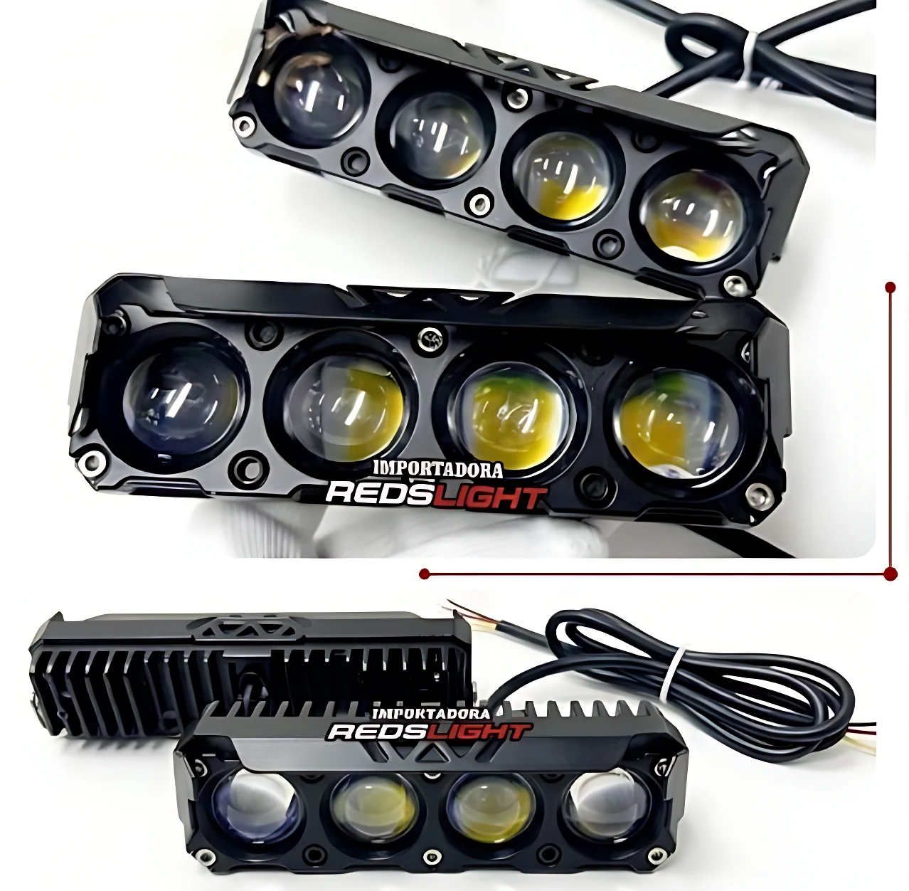 Exploradora lineal con cuatro lupas de luz dual blanca y amarilla, carcasa negra con disipador de calor y cableado incluido para vehículos off-road.
