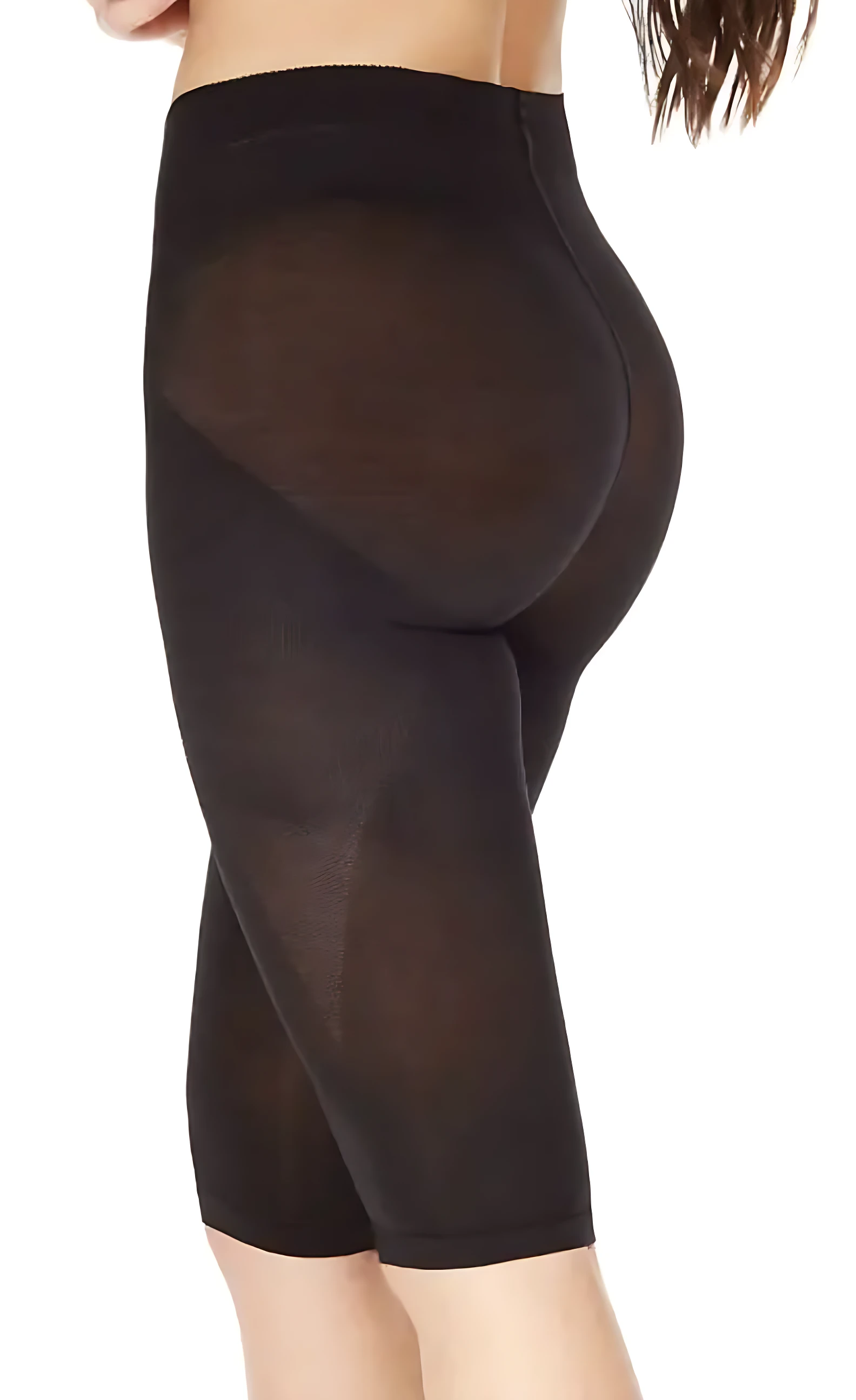 Faja moldeadora Capri negra con levantador de glúteos, vista lateral que resalta el ajuste y la forma del cuerpo.