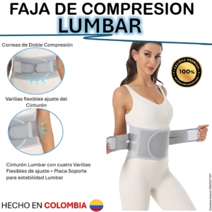 Faja de compresión lumbar gris con varillas flexibles ajustables, usada por mujer en ropa deportiva blanca; incluye detalles de doble compresión y soporte lumbar.