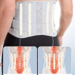 Faja lumbar gris con varillas blancas ajustables, vista posterior con detalles de soporte vertebral y diagramas anatómicos incluidos.