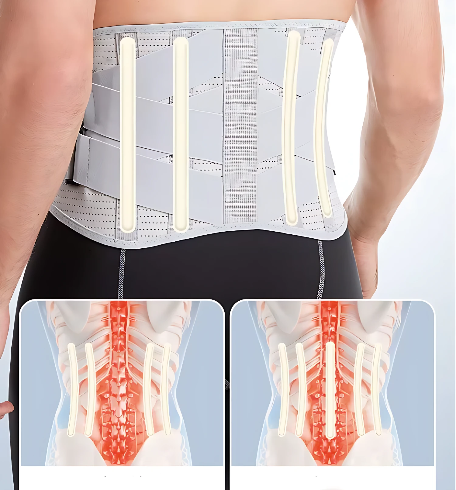 Faja lumbar gris con varillas blancas ajustables, vista posterior con detalles de soporte vertebral y diagramas anatómicos incluidos.