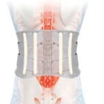 Faja lumbar gris con varillas blancas ajustables, vista frontal sobre anatomía humana, diseñada para soporte y alivio de dolor de espalda baja.