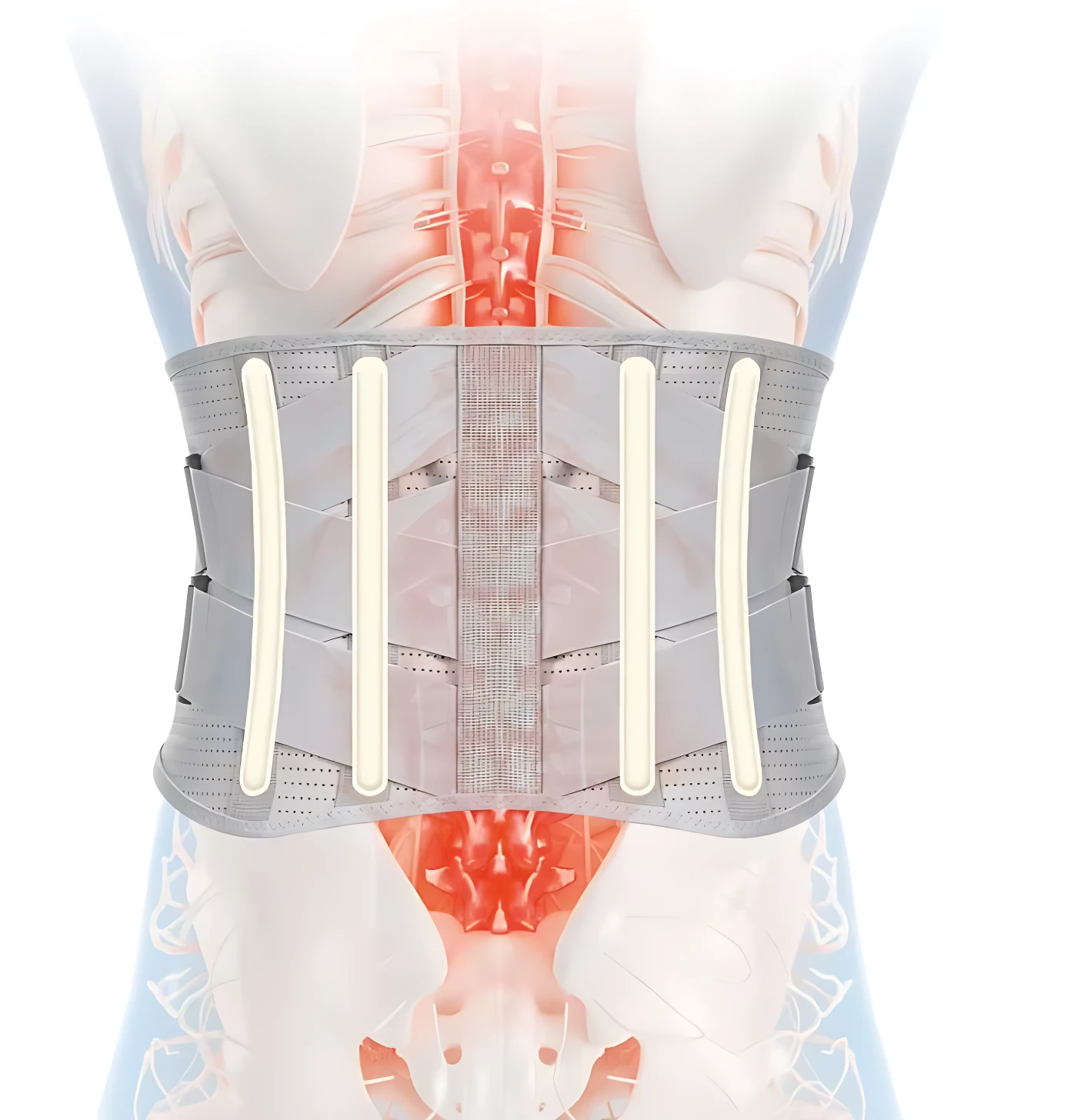 Faja lumbar gris con varillas blancas ajustables, vista frontal sobre anatomía humana, diseñada para soporte y alivio de dolor de espalda baja.