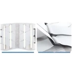Faja lumbar blanca con varillas ajustables y panel trasero perforado, vista frontal y detalle de cierre lateral.