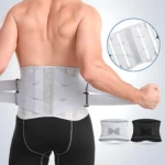 Faja lumbar gris con varillas ajustables y cierre lateral, vista posterior en modelo masculino; incluye variante negra y detalle de estructura interna.