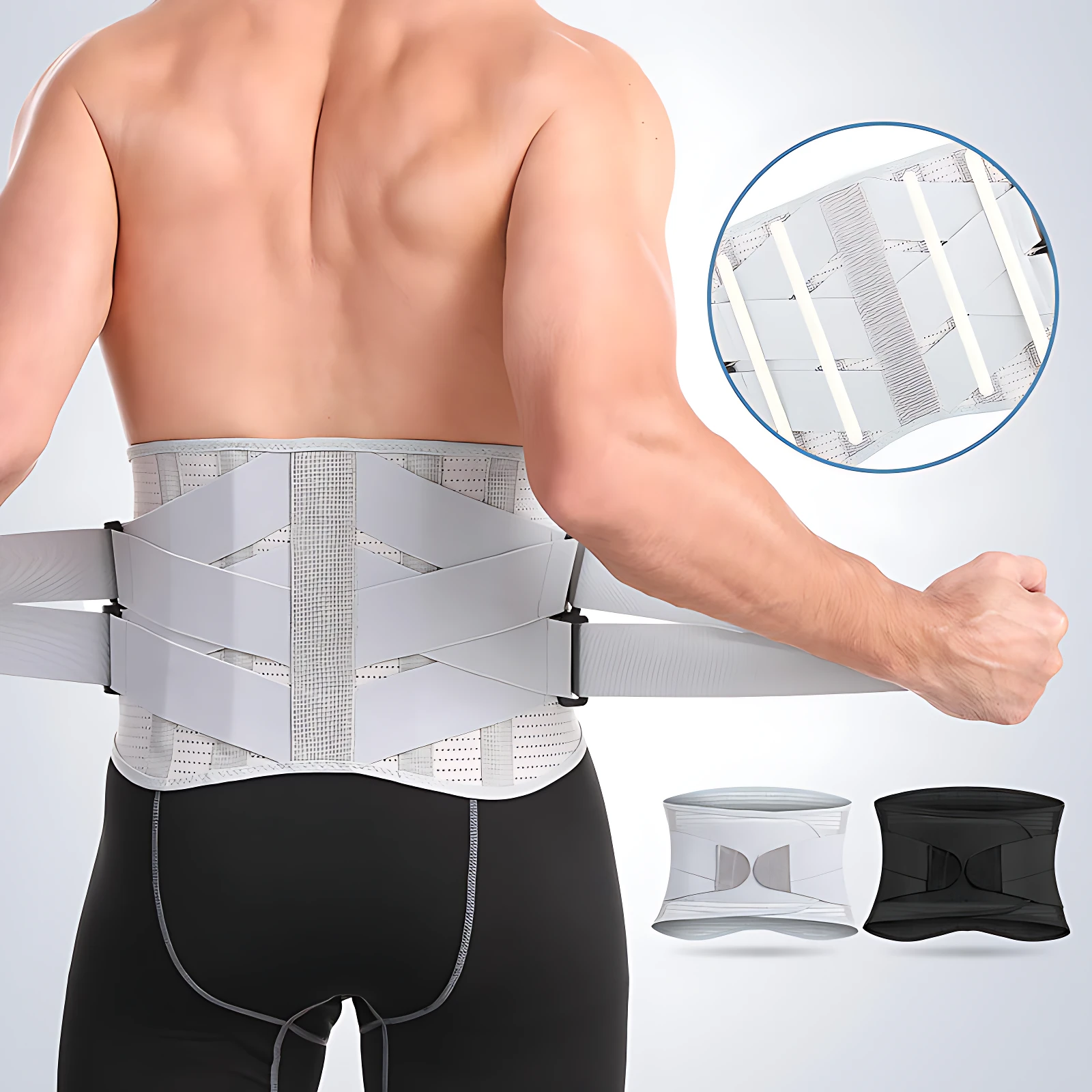 Faja lumbar gris con varillas ajustables y cierre lateral, vista posterior en modelo masculino; incluye variante negra y detalle de estructura interna.