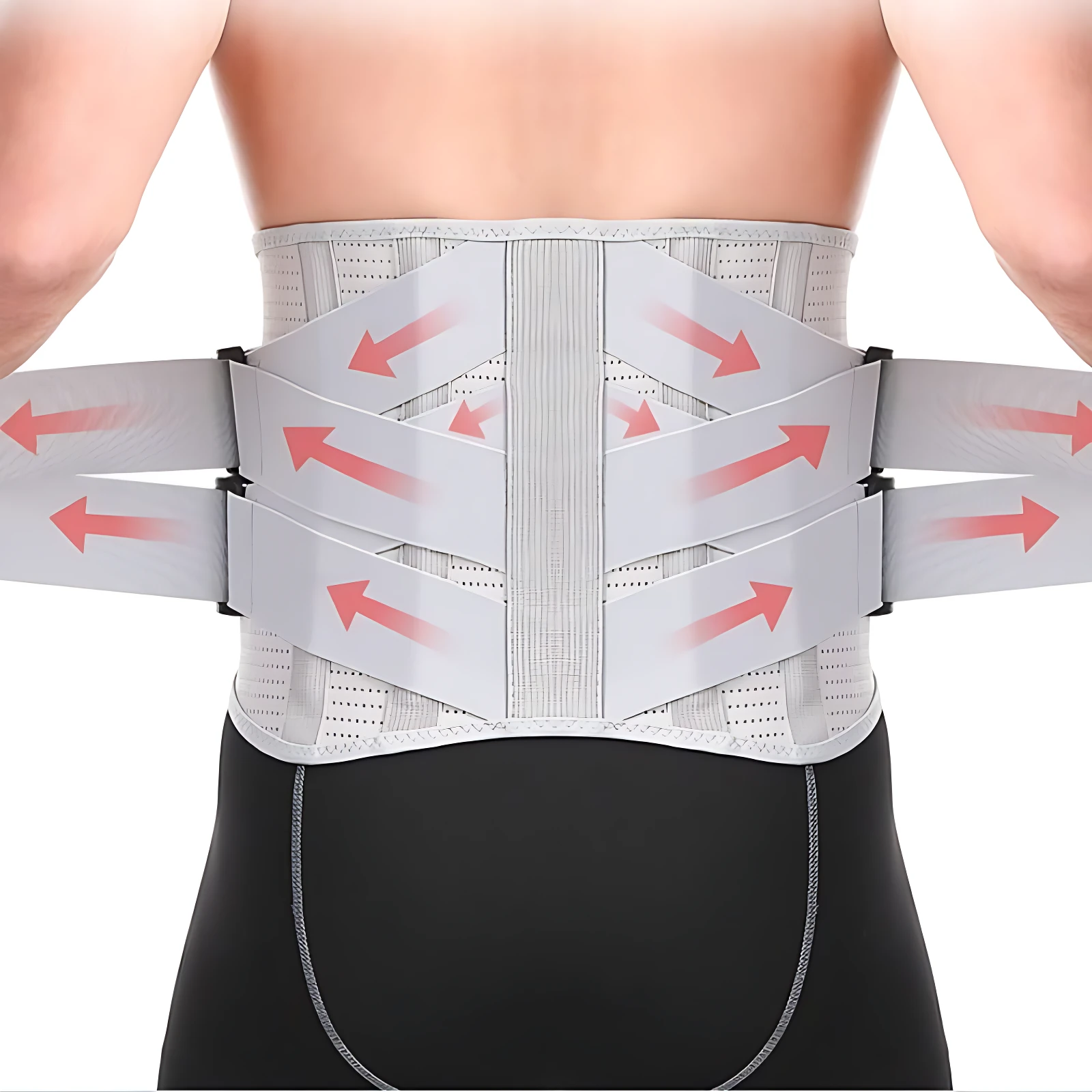 Faja lumbar gris con varillas ajustables y flechas rojas indicando compresión, vista posterior sobre torso con pantalón negro.