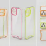 Set de tres fundas ultradelgadas para iPhone en colores rosa, verde y naranja, mostrando detalles traseros y laterales.