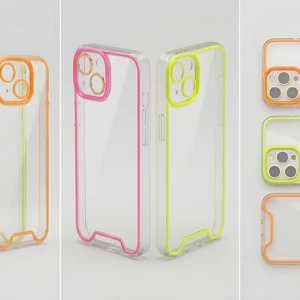 Set de tres fundas ultradelgadas para iPhone en colores rosa, verde y naranja, mostrando detalles traseros y laterales.