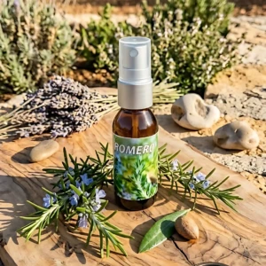 Bote de spray con fragancia de romero sobre tabla de madera, rodeado de ramas de romero, piedras y brújula, en entorno natural al aire libre.