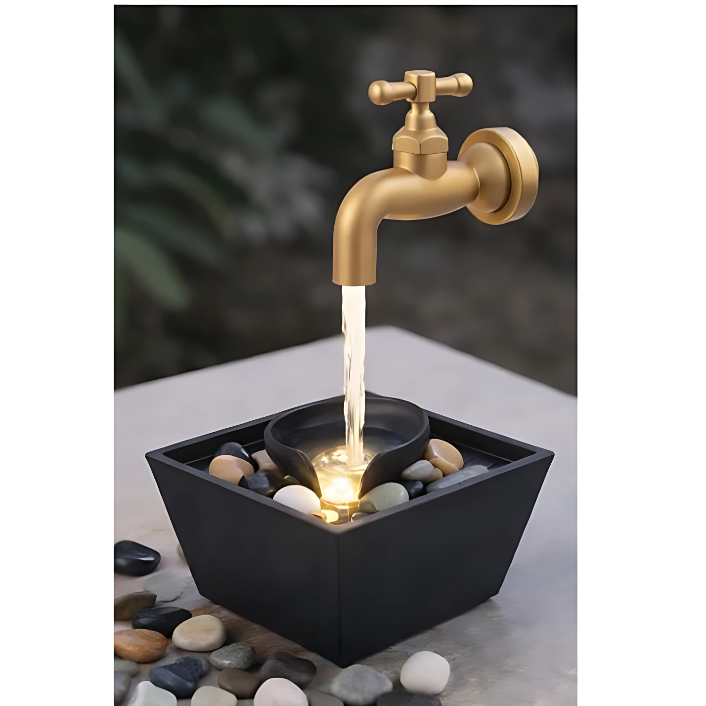 Grifo dorado clásico con agua cayendo sobre cuenco negro con luces LED, rodeado de piedras decorativas en fuente cuadrada, ideal para ambiente relajante.