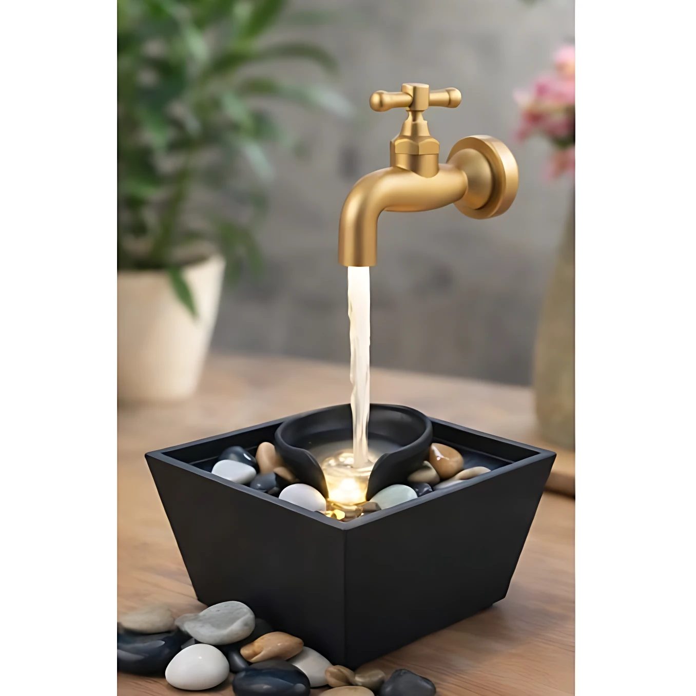 Fuente decorativa LED con grifo dorado clásico, piedras decorativas y luz cálida en recipiente negro cuadrado sobre superficie de madera.