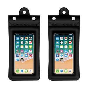 Set de dos fundas impermeables flotantes negras para teléfono, mostrando pantalla activa con iconos visibles.