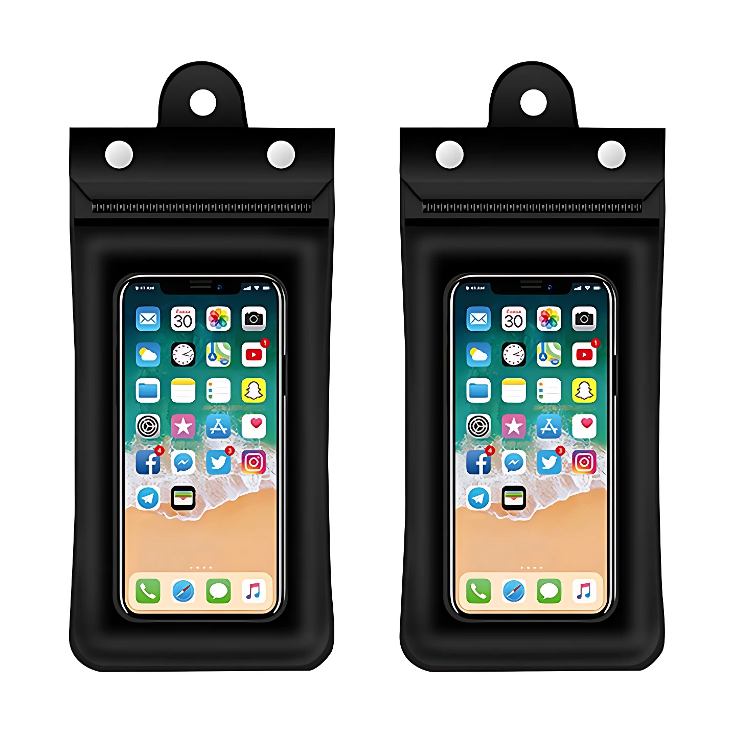 Set de dos fundas impermeables flotantes negras para teléfono, mostrando pantalla activa con iconos visibles.