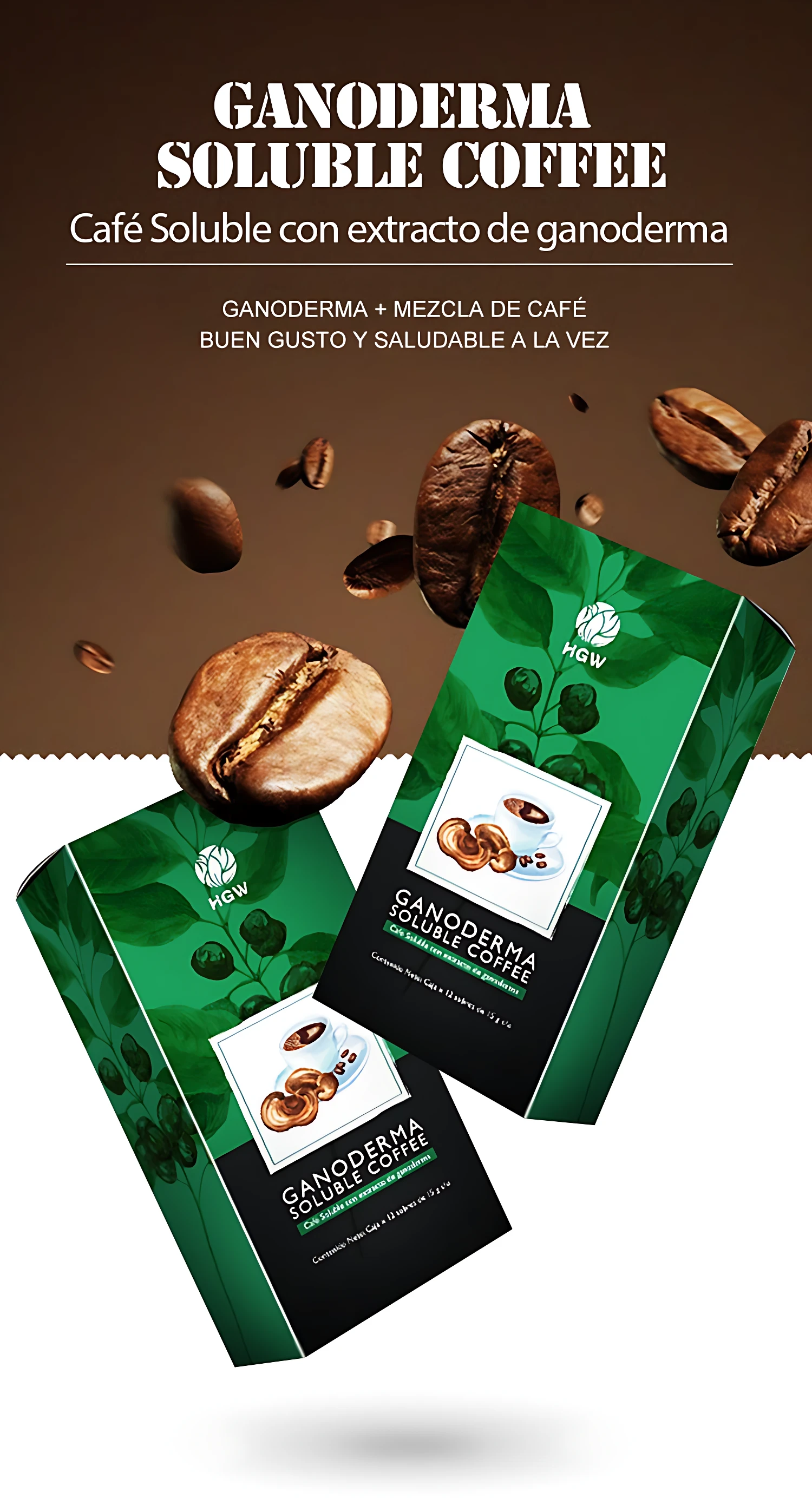 Dos paquetes verdes de café soluble con extracto de ganoderma, rodeados de granos de café y hojas, sobre fondo marrón.