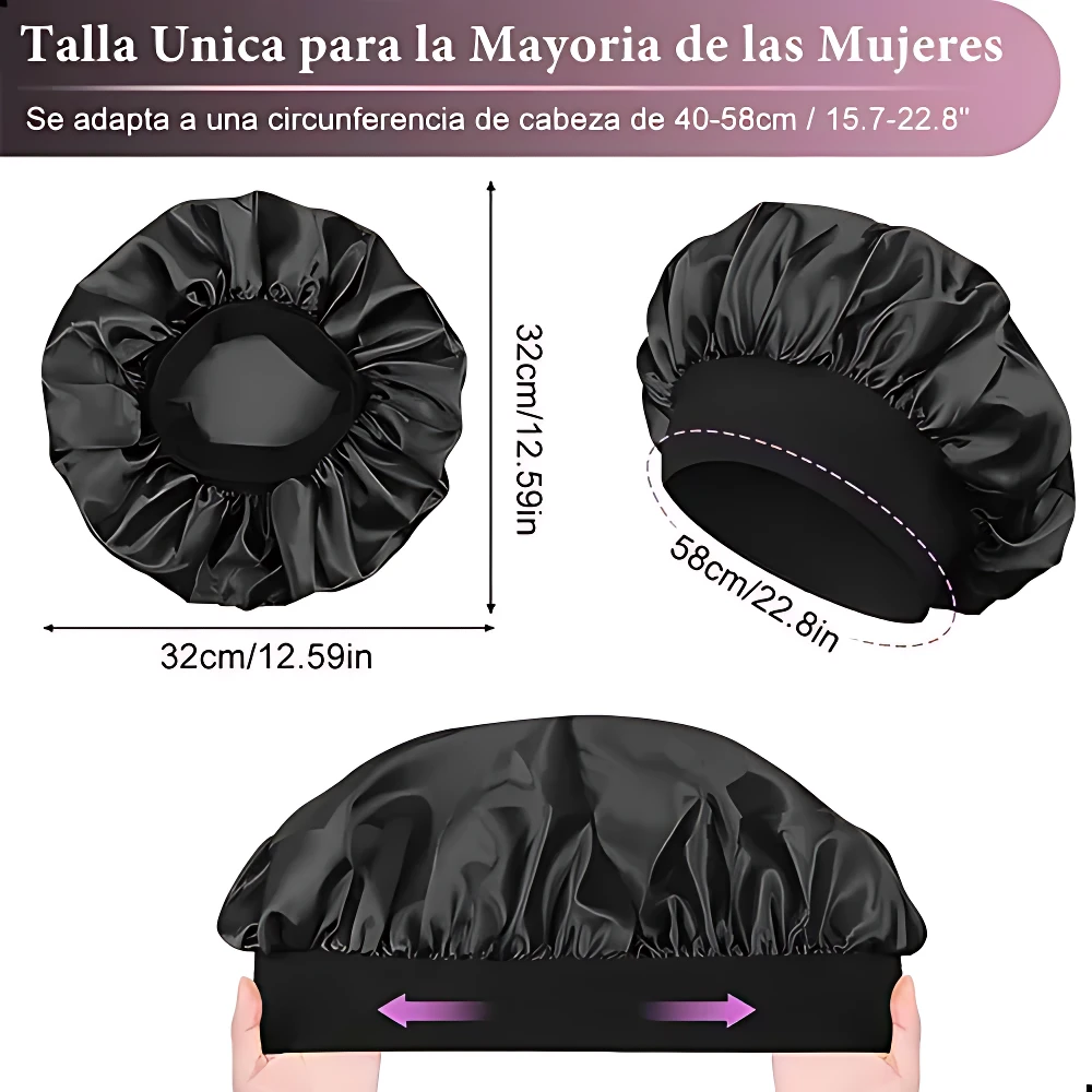 Gorro satinado negro para dormir, con medidas de 32 cm de altura y 58 cm de circunferencia, mostrando vista frontal, lateral y uso en cabeza.