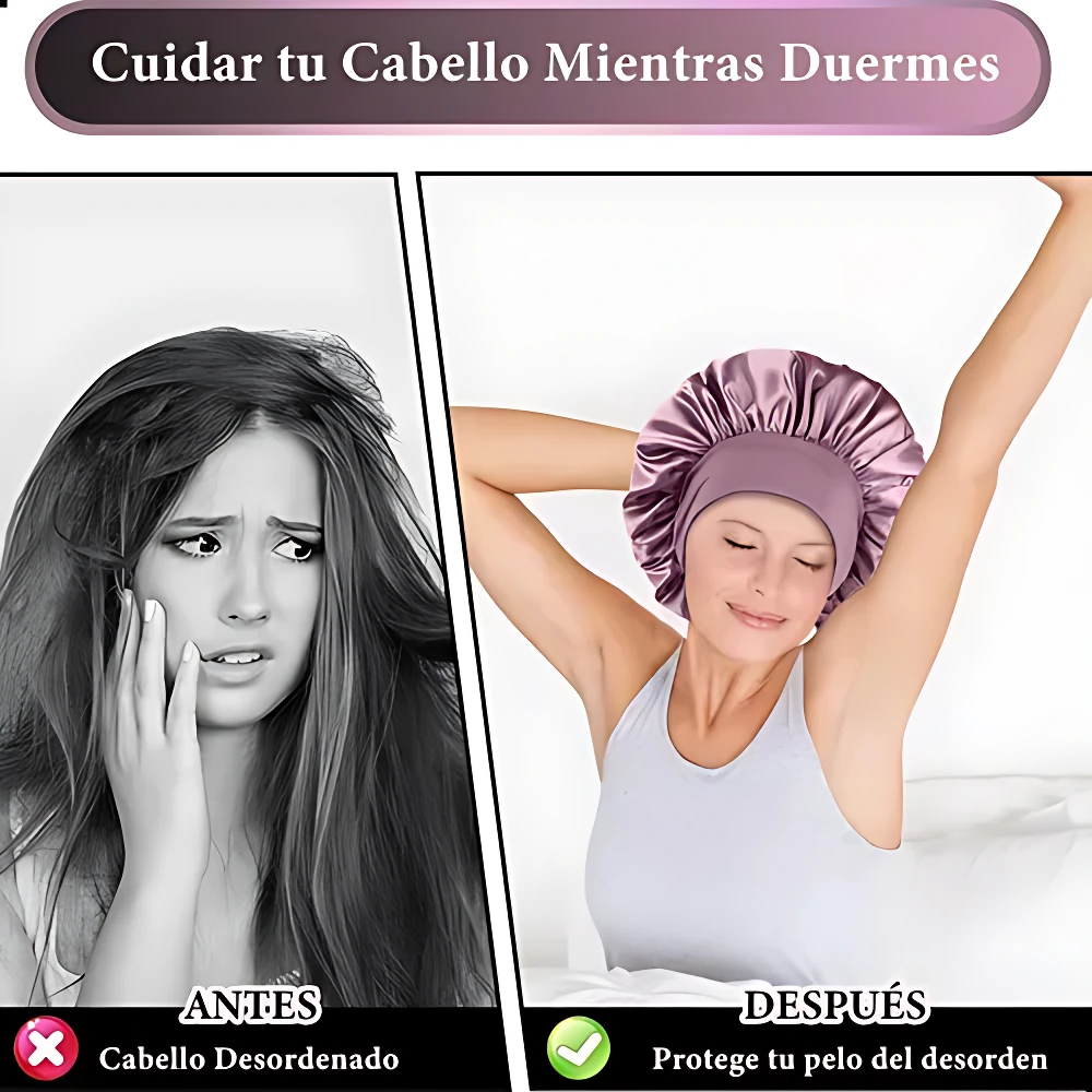 Gorro satinado morado para dormir, con textura brillante y ajuste elástico. Muestra antes y después: cabello desordenado versus cabello protegido y ordenado. Ideal para evitar nudos al descansar.