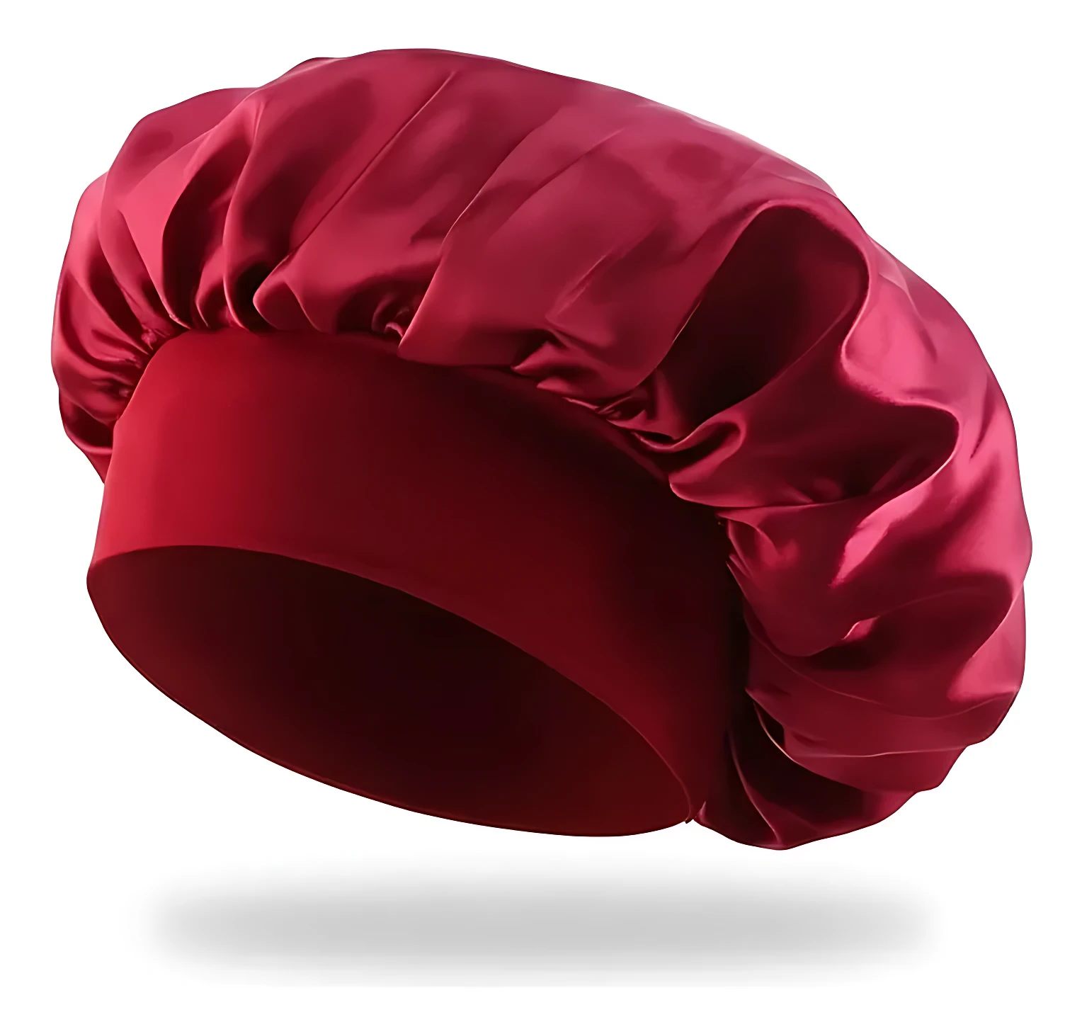 Gorro satinado rojo para dormir, con banda elástica ajustable y acabado brillante que protege el cabello al descansar.